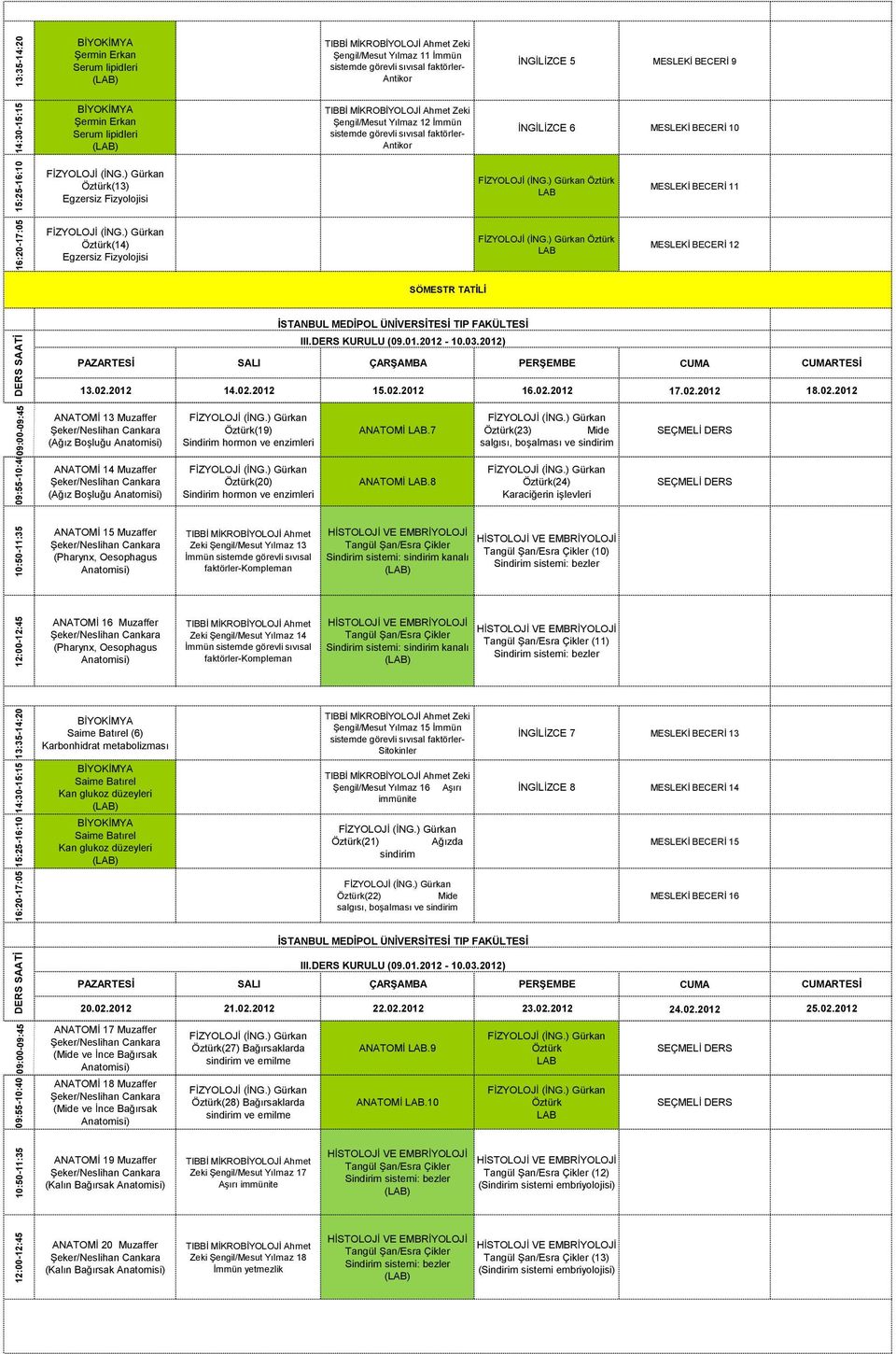 TATİLİ III.DERS KURULU (09.01.2012-10.03.2012) 13.02.2012 14.02.2012 15.02.2012 16.02.2012 17.02.2012 18.02.2012 ANATOMİ 13 Muzaffer (Ağız Boşluğu Anatomisi) Öztürk(19) Sindirim hormon ve enzimleri ANATOMİ.