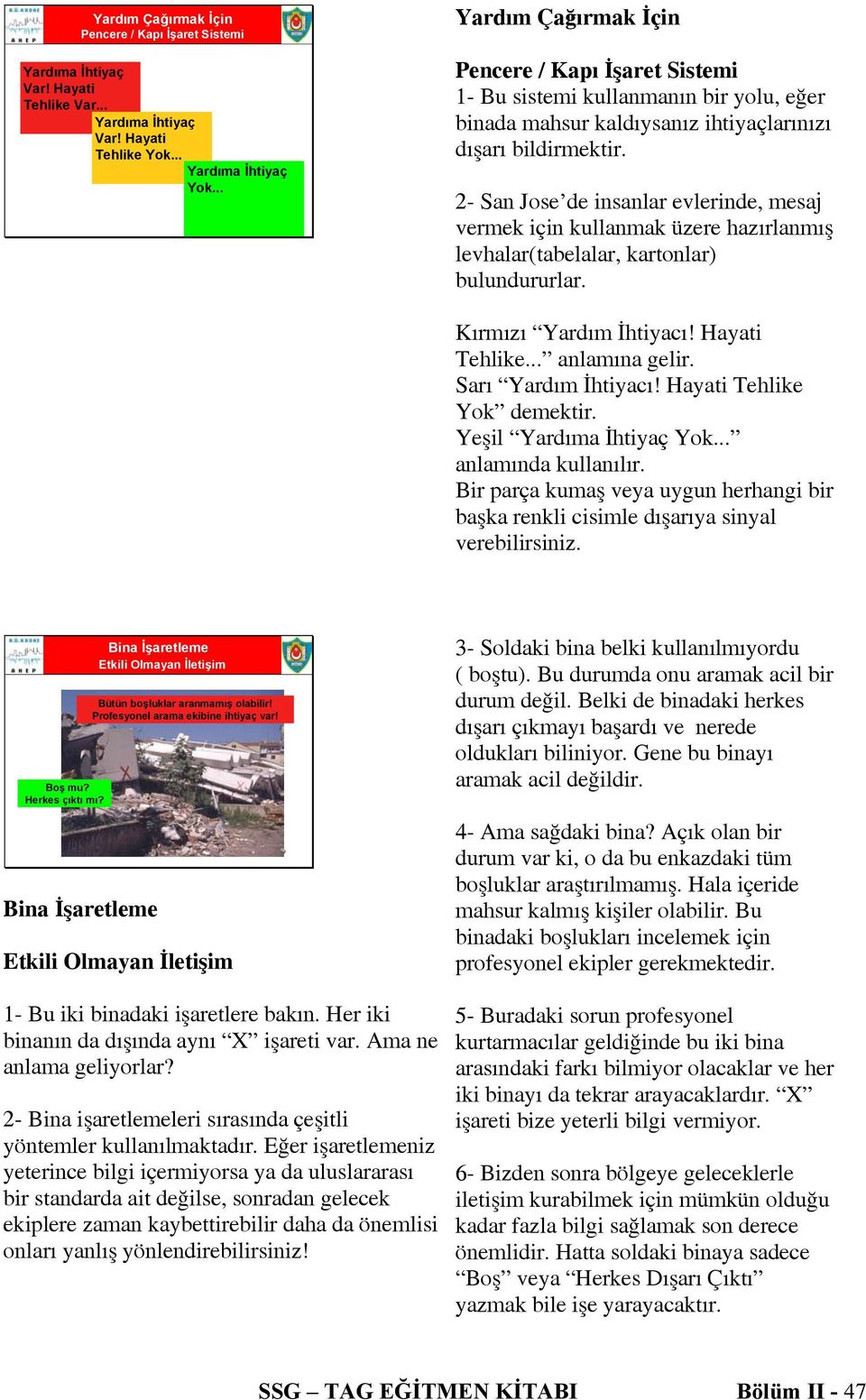 2- San Jose de insanlar evlerinde, mesaj vermek için kullanmak üzere hazırlanmış levhalar(tabelalar, kartonlar) bulundururlar. Kırmızı Yardım İhtiyacı! Hayati Tehlike... anlamına gelir.