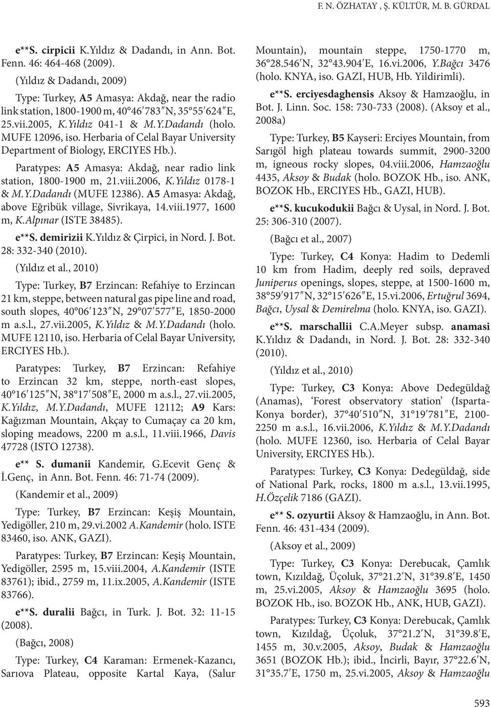 Herbaria of Celal Bayar University Department of Biology, ERCIYES Hb.). Paratypes: A5 Amasya: Akdağ, near radio link station, 1800-1900 m, 21.viii.2006, K.Yıldız 0178-1 & M.Y.Dadandı (MUFE 12386).