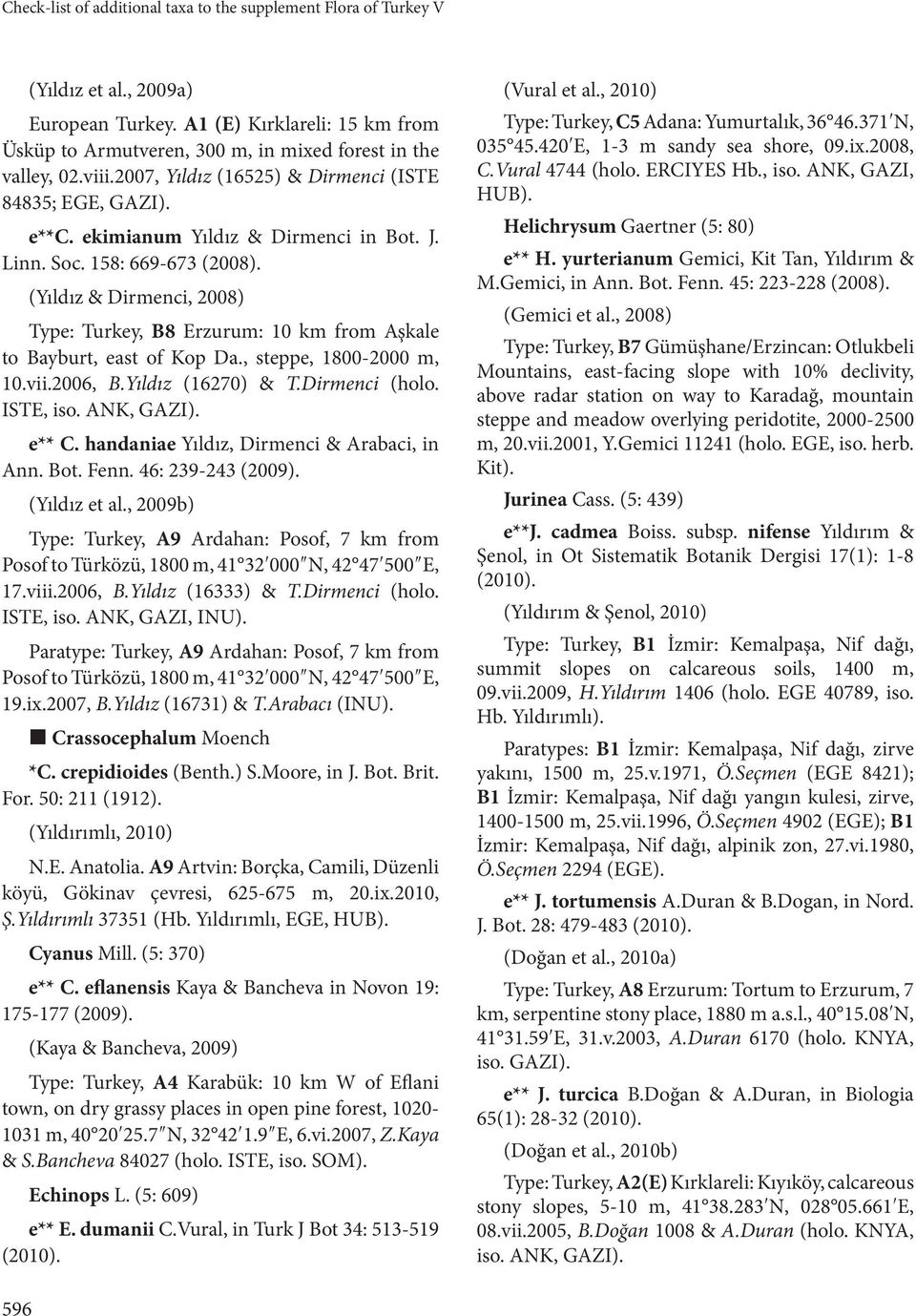 (Yıldız & Dirmenci, 2008) Type: Turkey, B8 Erzurum: 10 km from Aşkale to Bayburt, east of Kop Da., steppe, 1800-2000 m, 10.vii.2006, B.Yıldız (16270) & T.Dirmenci (holo. ISTE, iso. ANK, GAZI). e** C.