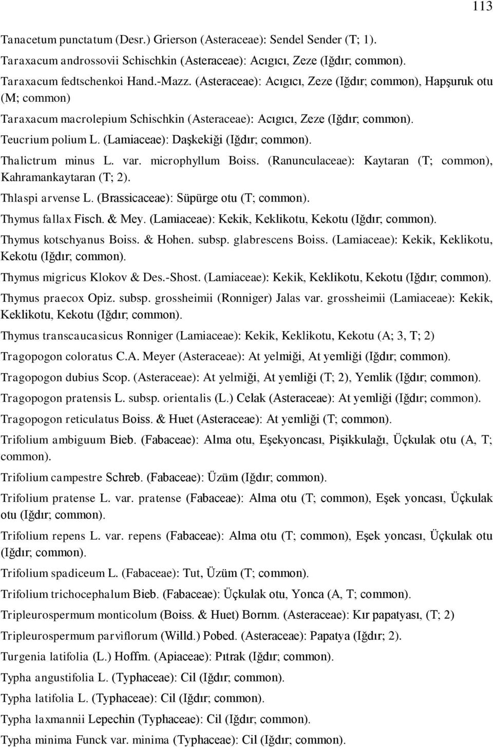 (Lamiaceae): Daşkekiği (Iğdır; Thalictrum minus L. var. microphyllum Boiss. (Ranunculaceae): Kaytaran (T; common), Kahramankaytaran (T; 2). Thlaspi arvense L.