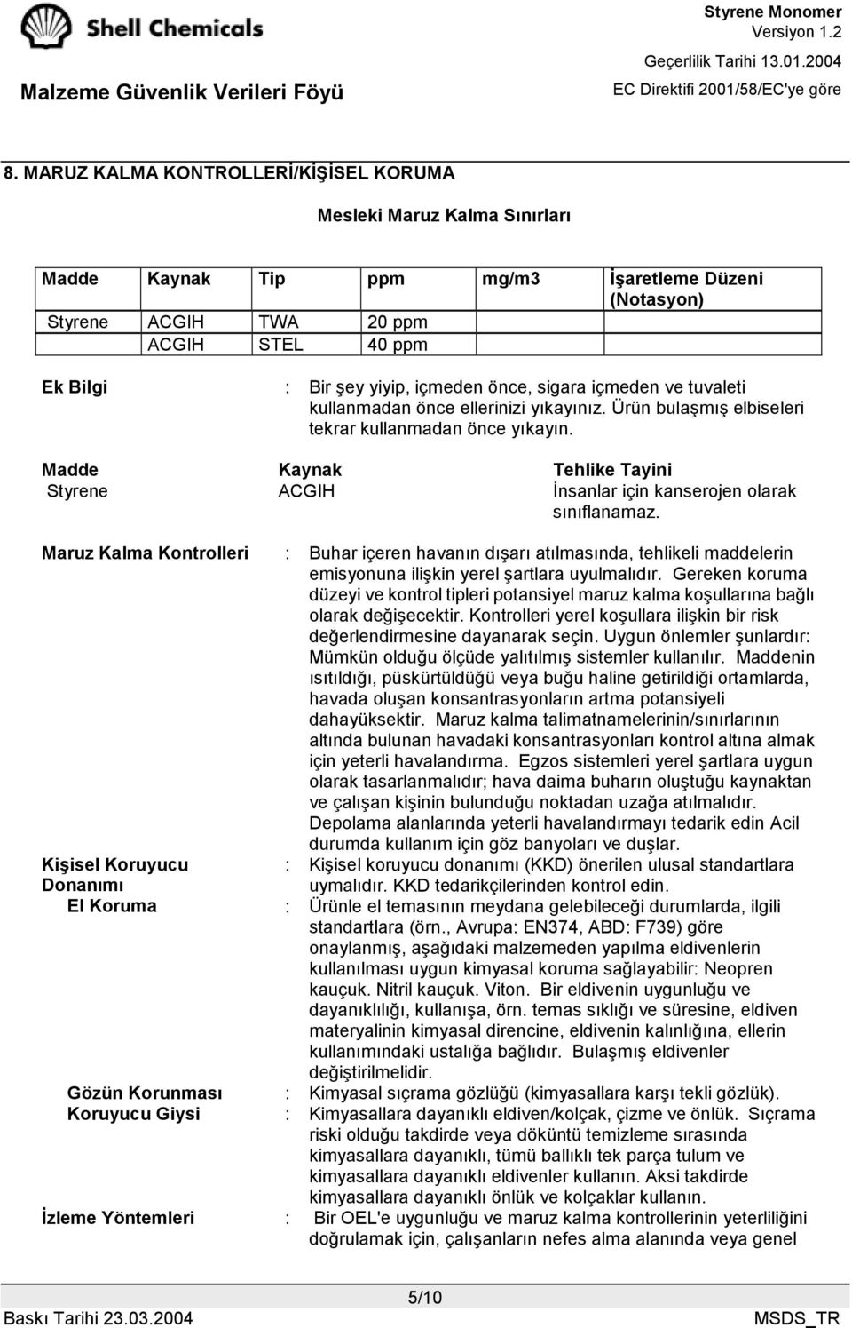 Madde Kaynak Tehlike Tayini Styrene ACGIH İnsanlar için kanserojen olarak sınıflanamaz.