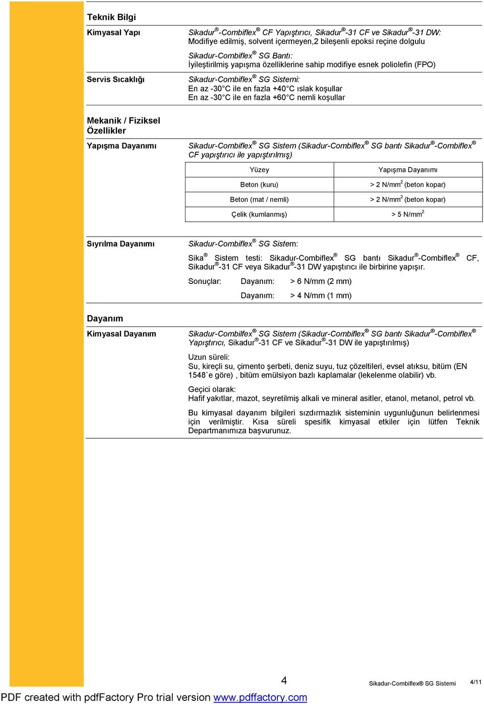 ıslak koşullar En az -30 C ile en fazla +60 C nemli koşullar Sikadur-Combiflex SG Sistem (Sikadur-Combiflex SG bantı Sikadur -Combiflex CF yapıştırıcı ile yapıştırılmış) Yüzey Beton (kuru) Beton (mat