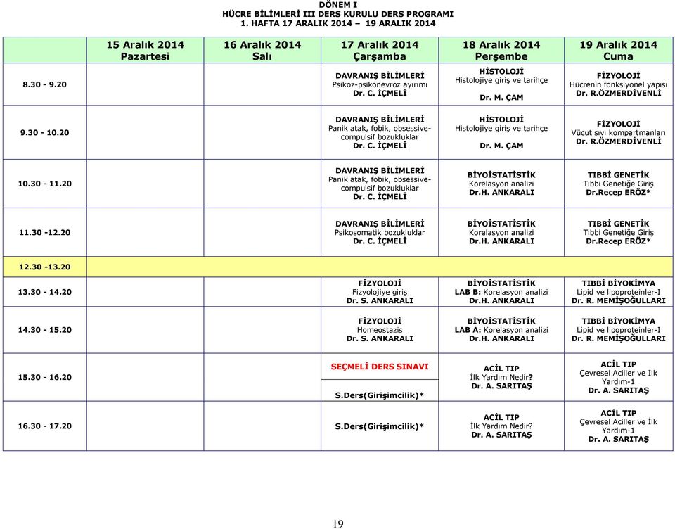 R.ÖZMERDİVENLİ Panik atak, fobik, obsessivecompulsif bozukluklar Histolojiye giriş ve tarihçe Vücut sıvı kompartmanları Dr. R.