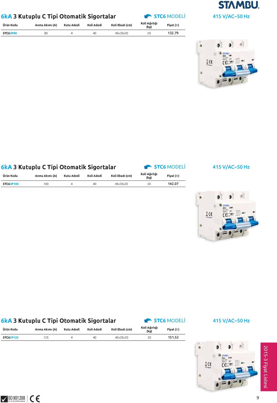 79 415 V/AC~50 Hz 6kA 3 plu C Tipi Otomatik Sigortalar Anma Akımı Ebadı Ağırlığı STC6 MODELİ