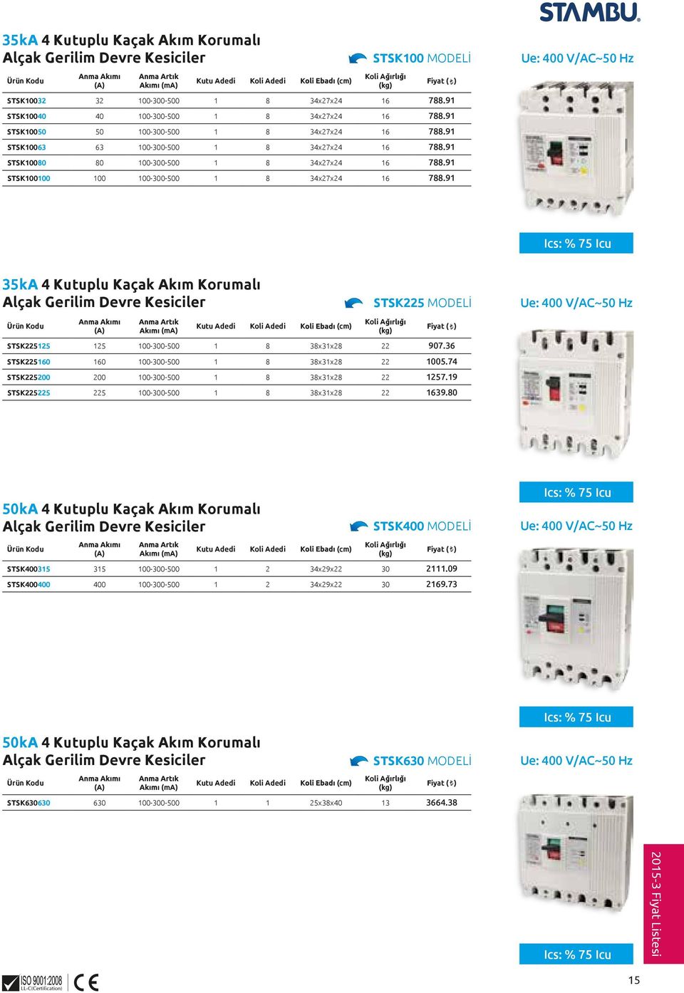 91 Ue: 400 V/AC~50 Hz Ics: % 75 Icu 35kA 4 plu Kaçak Akım Korumalı Alçak Gerilim Devre Kesiciler STSK225 MODELİ Ue: 400 V/AC~50 Hz (ma) K A STSK225125 125 100-300-500 1 8 38x31x28 22 907.