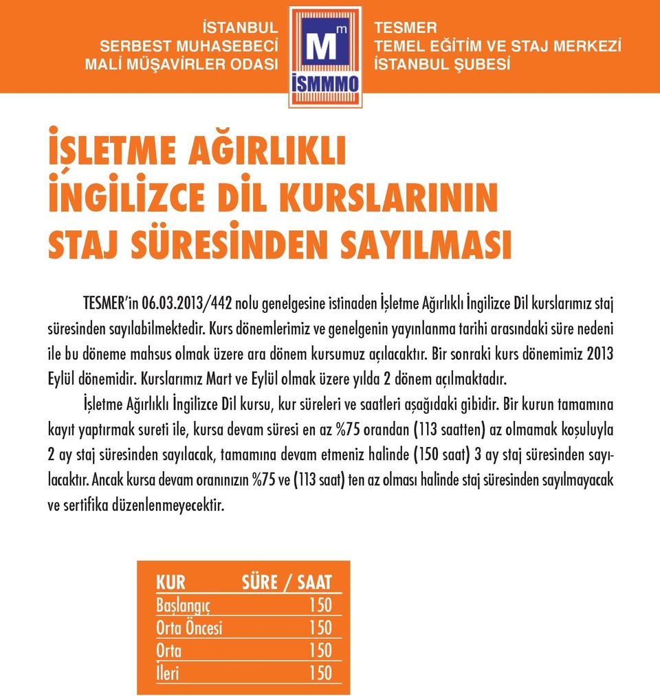 Kurslarımız Mart ve Eylül olmak üzere yılda 2 dönem açılmaktadır. İşletme Ağırlıklı İngilizce Dil kursu, kur süreleri ve saatleri aşağıdaki gibidir.