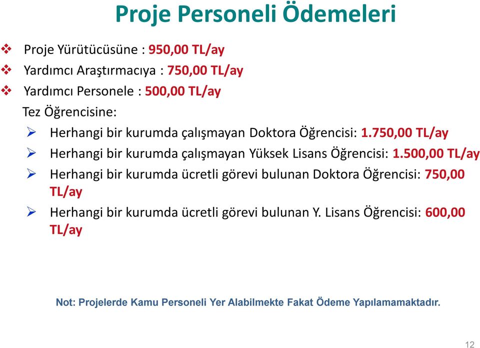 750,00 TL/ay Herhangi bir kurumda çalışmayan Yüksek Lisans Öğrencisi: 1.