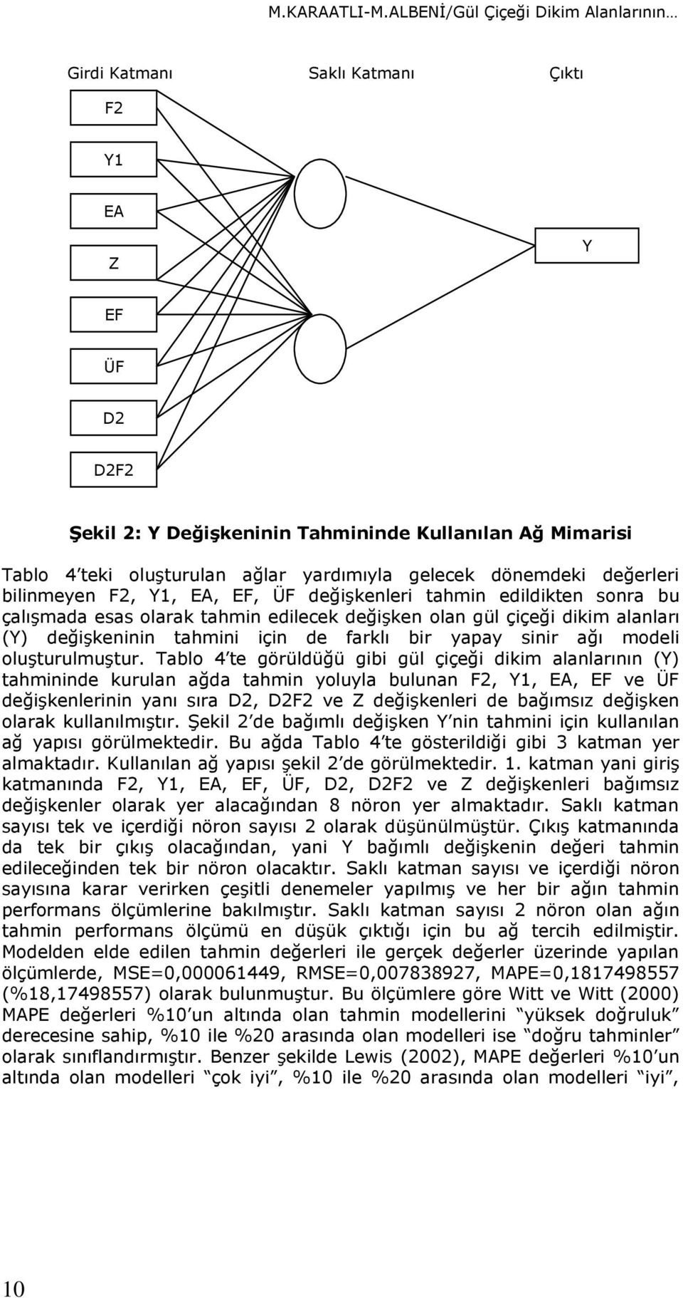 yardımıyla gelecek dönemdeki değerleri bilinmeyen F2, Y1, EA, EF, ÜF değişkenleri tahmin edildikten sonra bu çalışmada esas olarak tahmin edilecek değişken olan gül çiçeği dikim alanları (Y)