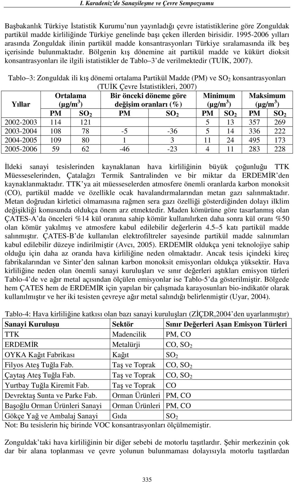 Bölgenin kış dönemine ait partikül madde ve kükürt dioksit konsantrasyonları ile ilgili istatistikler de Tablo 3 de verilmektedir (TUĐK, 2007).