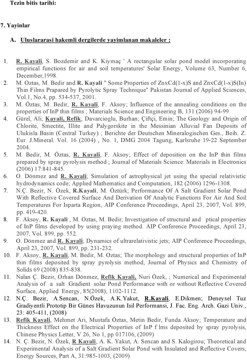 K ayali " Some Properties of ZnxCd(1-x)S and ZnxCd(1-x)S(In) Thin Films Prapared by Pyrolytic Spray Technique" Pakistan Journal of Applied Sciences, Vol.1, No.4, pp. 534-537, 2001. 3. M. Öztas, M.