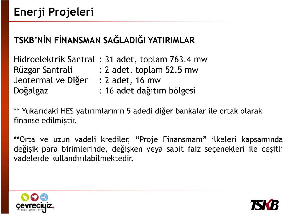 5 mw Jeotermal ve Diğer : 2 adet, 16 mw Doğalgaz : 16 adet dağıtım bölgesi ** Yukarıdaki HES yatırımlarının 5 adedi diğer