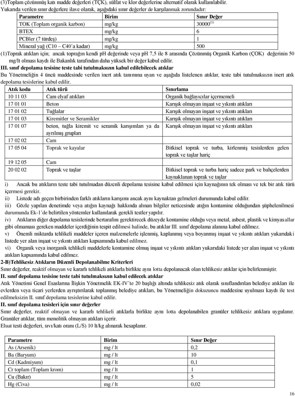 türdeş) mg/kg 1 Mineral yağ (C10 C40 a kadar) mg/kg 500 (1)Toprak atıkları için; ancak toprağın kendi ph değerinde veya ph 7,5 ile 8 arasında Çözünmüş Organik Karbon (ÇOK) değerinin 50 mg/lt olması