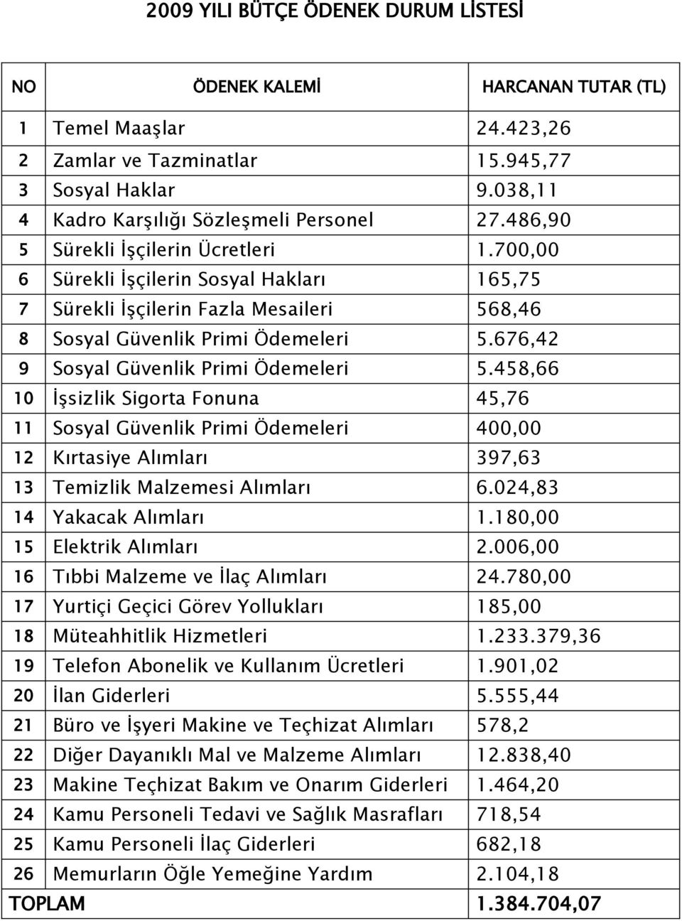 676,42 9 Sosyal Güvenlik Primi Ödemeleri 5.458,66 10 İşsizlik Sigorta Fonuna 45,76 11 Sosyal Güvenlik Primi Ödemeleri 400,00 12 Kırtasiye Alımları 397,63 13 Temizlik Malzemesi Alımları 6.