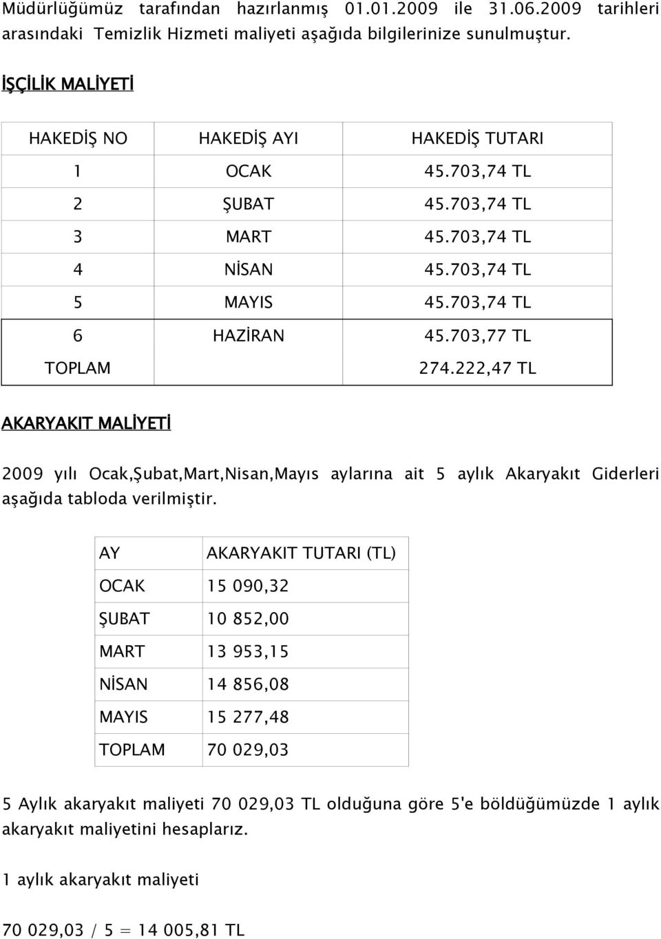 703,77 TL TOPLAM 274.222,47 TL AKARYAKIT MALİYETİ 2009 yılı Ocak,Şubat,Mart,Nisan,Mayıs aylarına ait 5 aylık Akaryakıt Giderleri aşağıda tabloda verilmiştir.