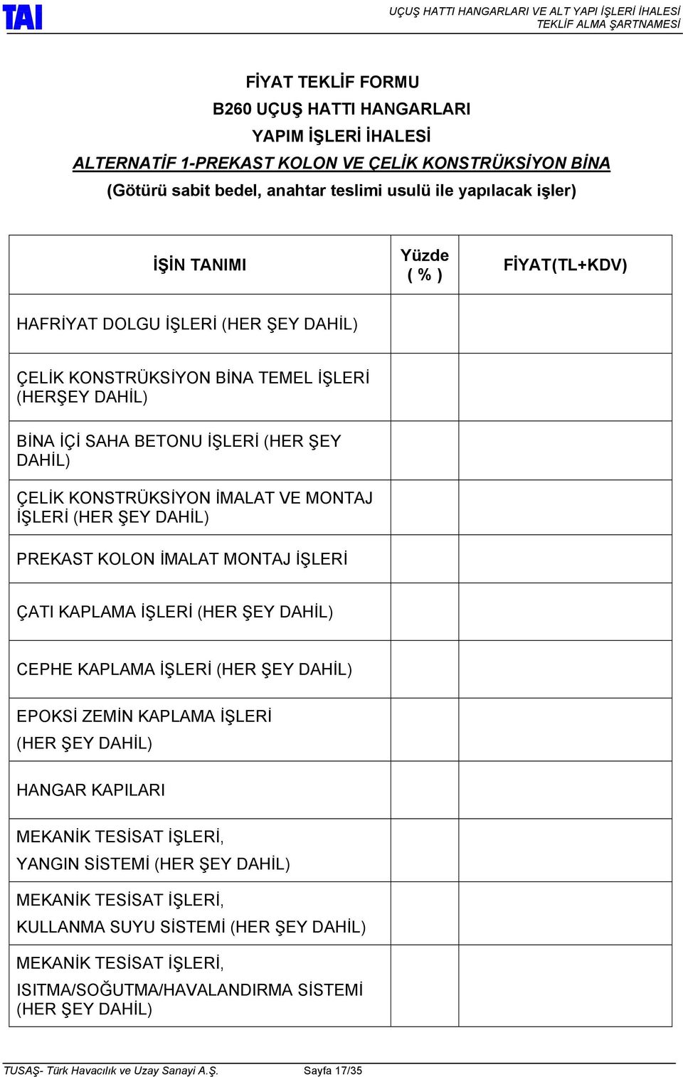 İMALAT VE MONTAJ İŞLERİ (HER ŞEY DAHİL) PREKAST KOLON İMALAT MONTAJ İŞLERİ ÇATI KAPLAMA İŞLERİ (HER ŞEY DAHİL) CEPHE KAPLAMA İŞLERİ (HER ŞEY DAHİL) EPOKSİ ZEMİN KAPLAMA İŞLERİ (HER ŞEY