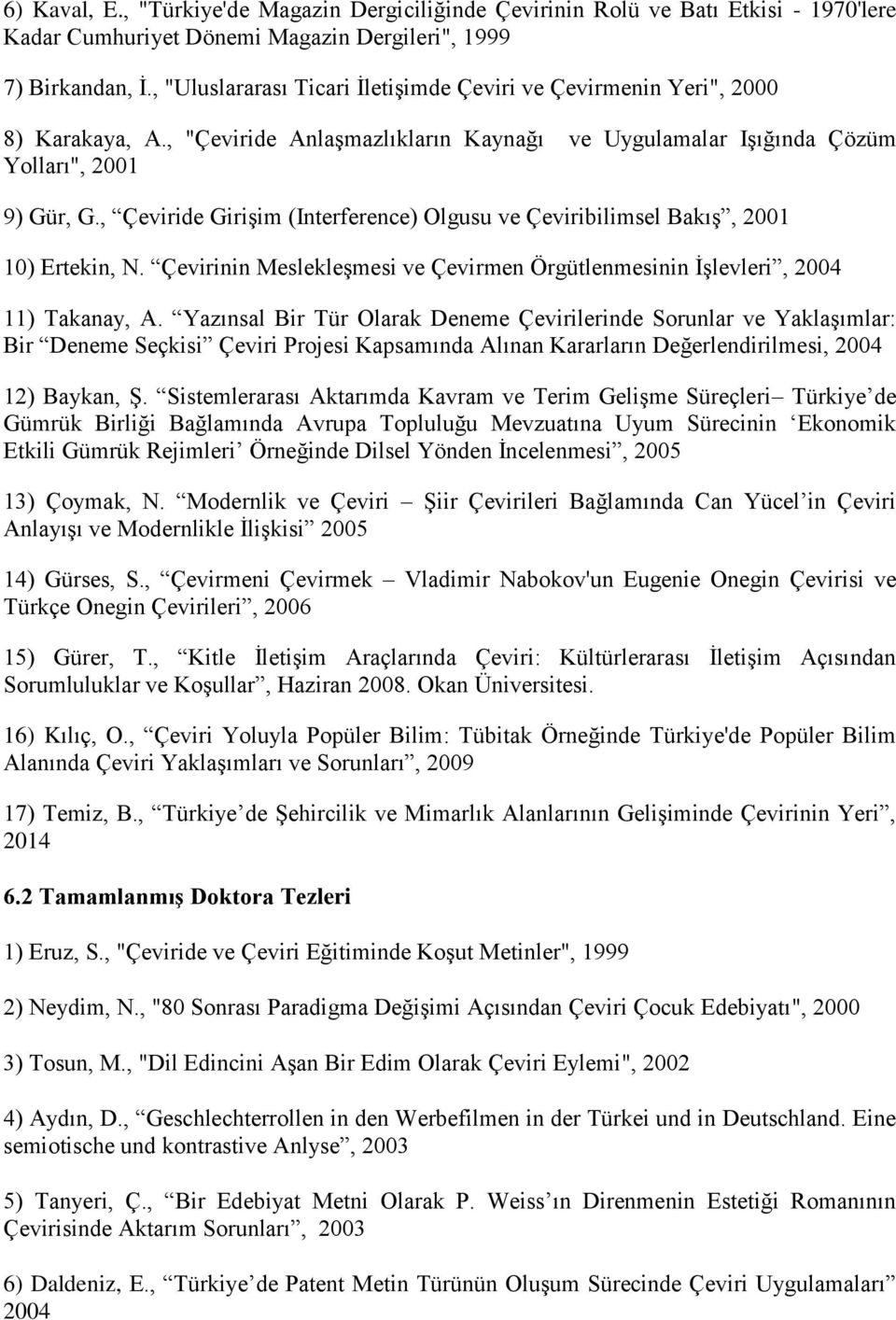 , Çeviride Girişim (Interference) Olgusu ve Çeviribilimsel Bakış, 2001 10) Ertekin, N. Çevirinin Meslekleşmesi ve Çevirmen Örgütlenmesinin İşlevleri, 2004 11) Takanay, A.