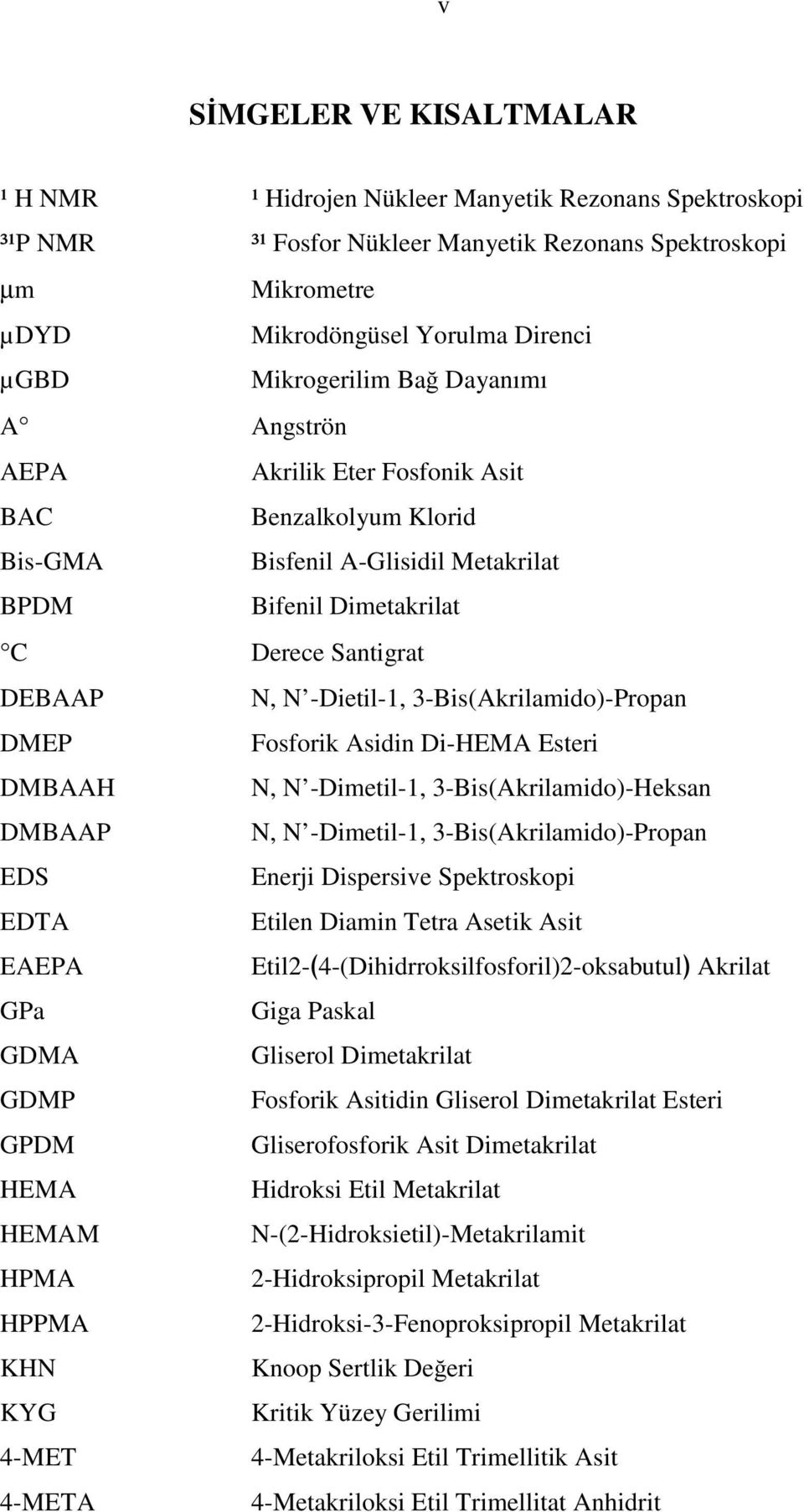 3-Bis(Akrilamido)-Propan DMEP Fosforik Asidin Di-HEMA Esteri DMBAAH N, N -Dimetil-1, 3-Bis(Akrilamido)-Heksan DMBAAP N, N -Dimetil-1, 3-Bis(Akrilamido)-Propan EDS Enerji Dispersive Spektroskopi EDTA