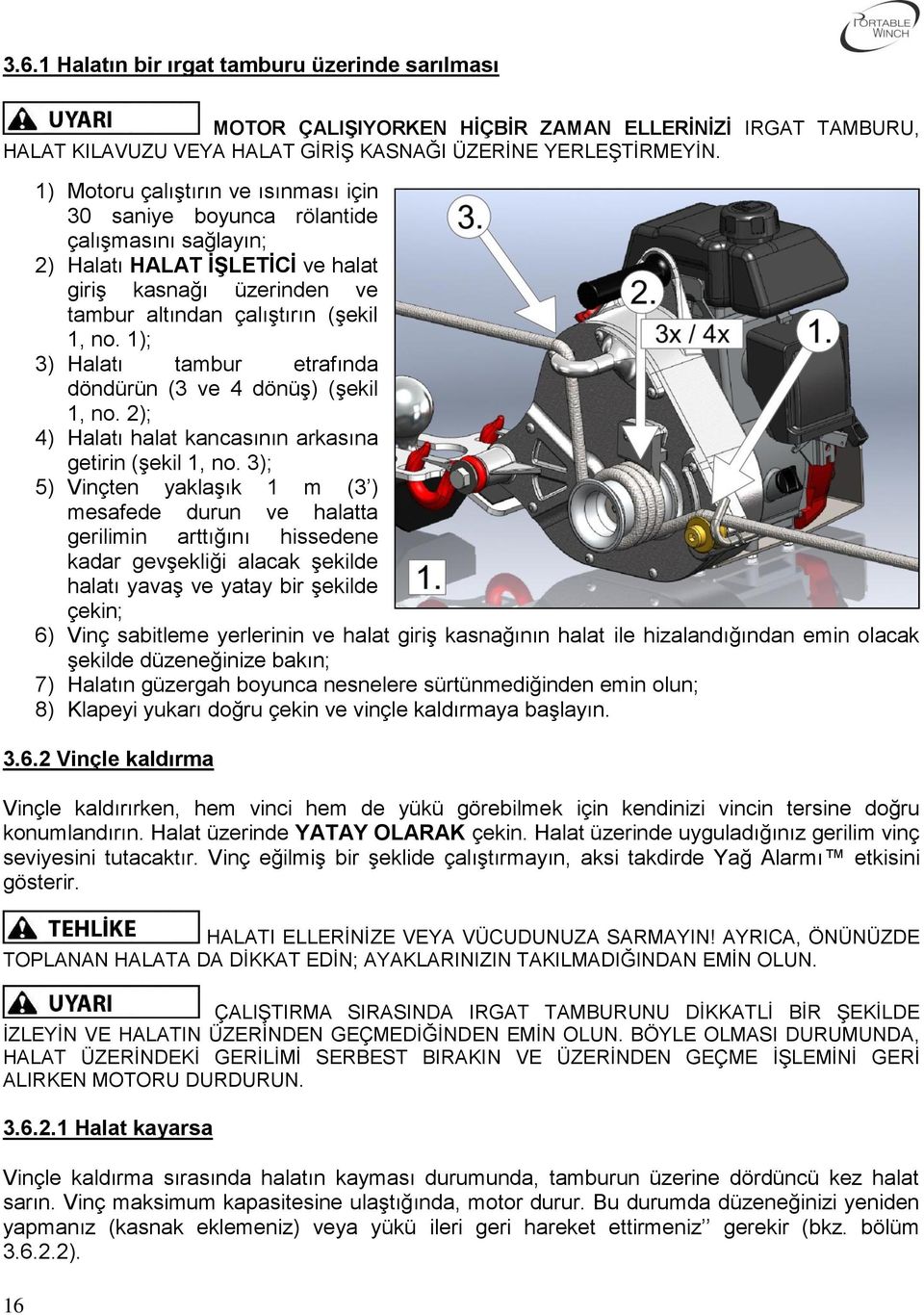 1); 3) Halatı tambur etrafında döndürün (3 ve 4 dönüş) (şekil 1, no. 2); 4) Halatı halat kancasının arkasına getirin (şekil 1, no.