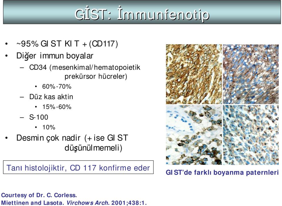 Desmin çok nadir (+ ise GIST düşünülmemeli) Tanı histolojiktir, CD 117 konfirme eder