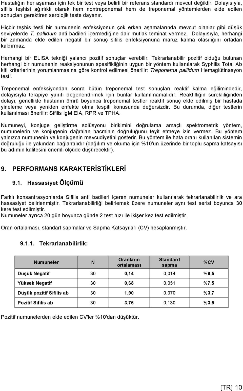 Hiçbir teşhis testi bir numunenin enfeksiyonun çok erken aşamalarında mevcut olanlar gibi düşük seviyelerde T. pallidum anti badileri içermediğine dair mutlak teminat vermez.