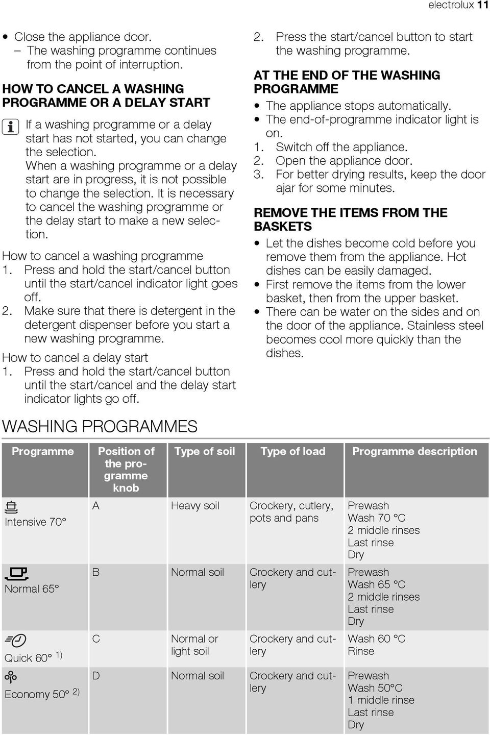 When a washing programme or a delay start are in progress, it is not possible to change the selection. It is necessary to cancel the washing programme or the delay start to make a new selection.