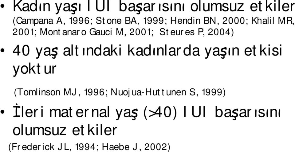 altındaki kadınlarda yaşın etkisi yoktur (Tomlinson MJ, 1996; Nuojua-Huttunen S,