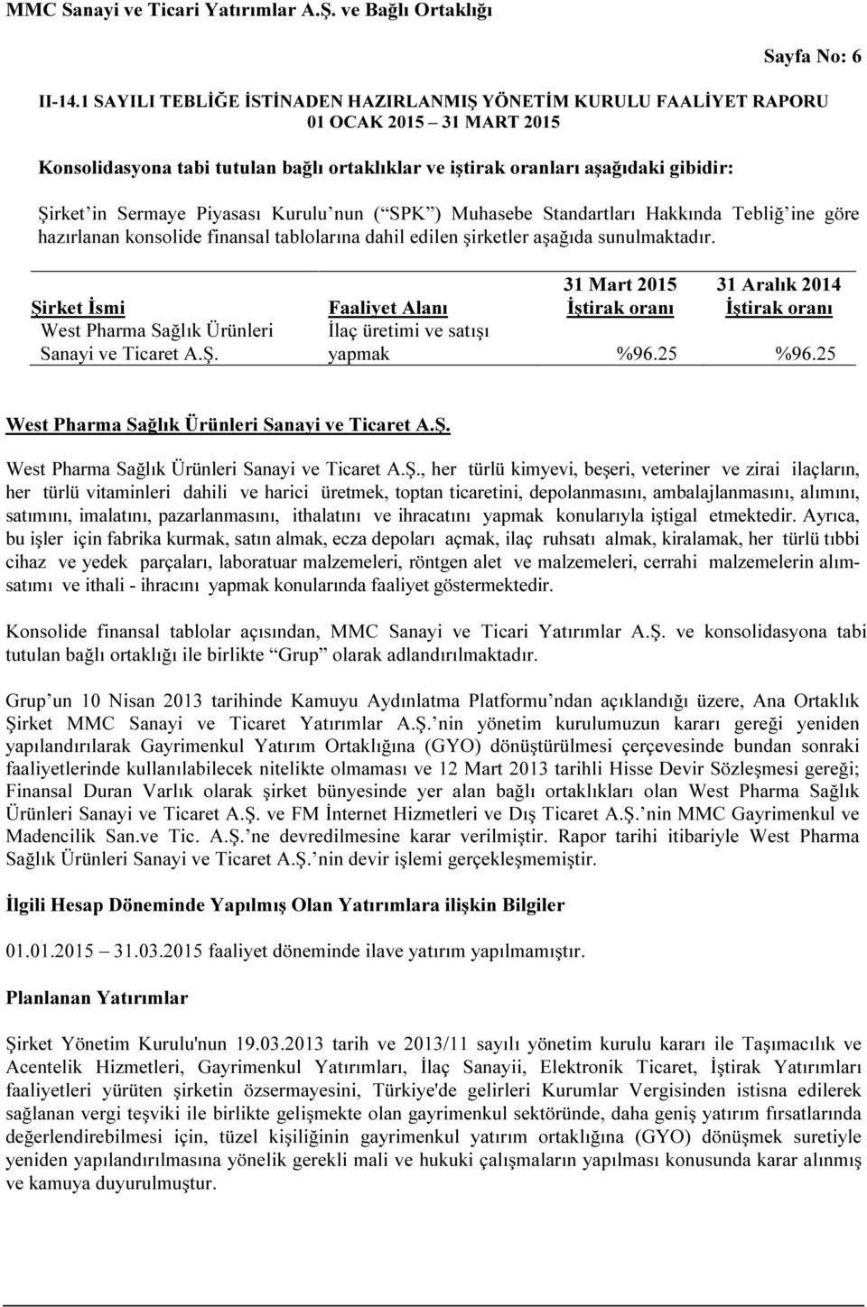 25 %96.25 West Pharma Sağlık Ürünleri Sanayi ve Ticaret A.Ş.