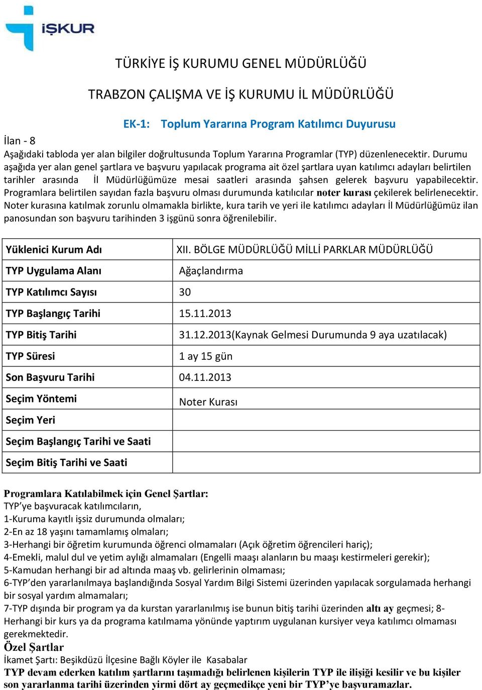 TYP Başlangıç Tarihi 15.11.