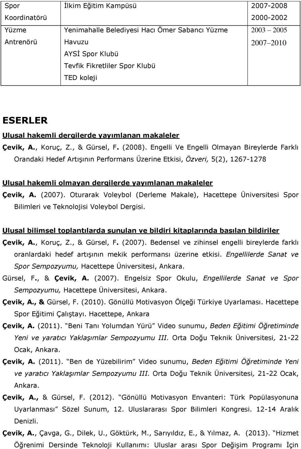 Engelli Ve Engelli Olmayan Bireylerde Farklı Orandaki Hedef Artışının Performans Üzerine Etkisi, Özveri, 5(2), 1267-1278 Ulusal hakemli olmayan dergilerde yayımlanan makaleler Çevik, A. (2007).