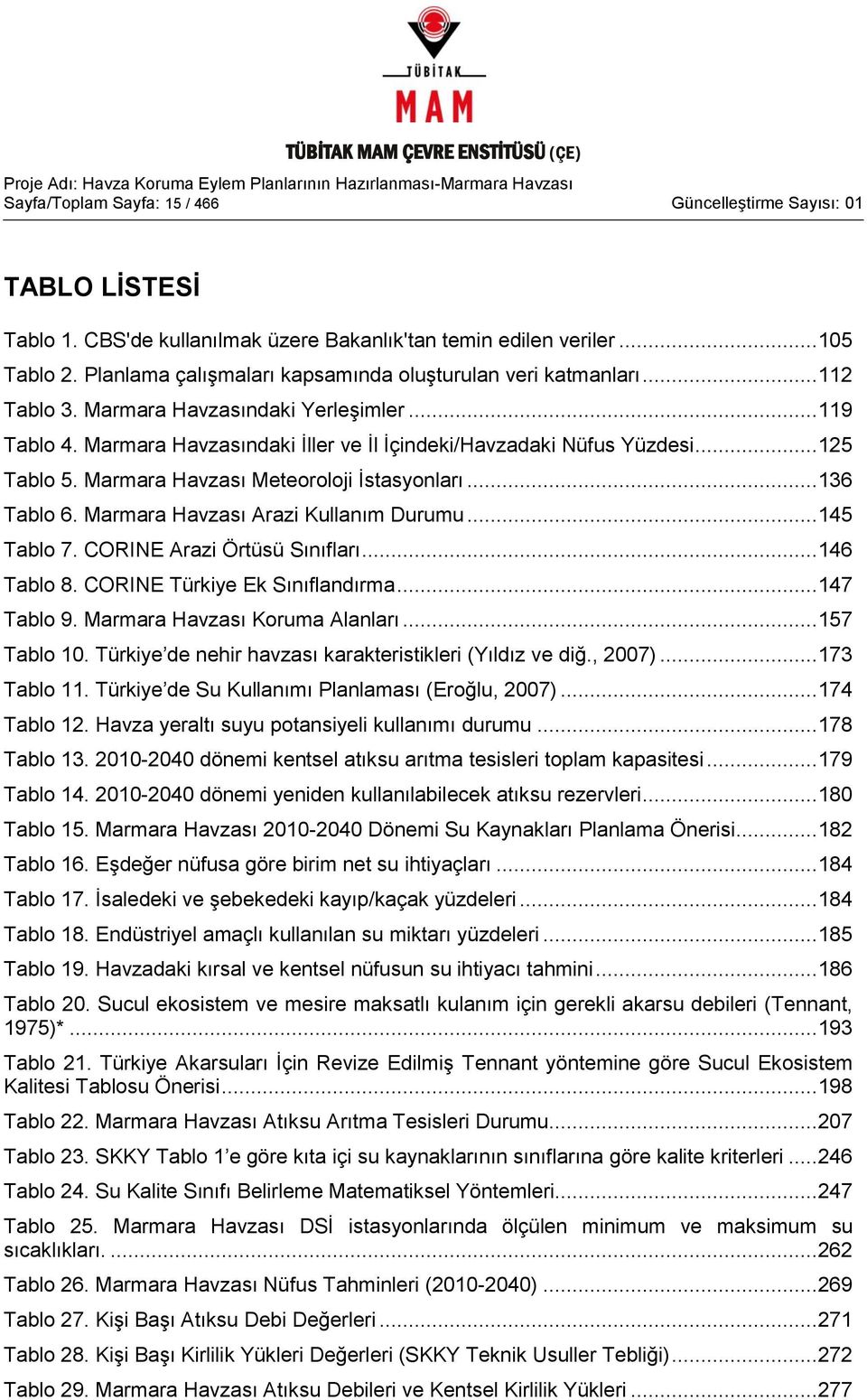 .. 125 Tablo 5. Marmara Havzası Meteoroloji Ġstasyonları... 136 Tablo 6. Marmara Havzası Arazi Kullanım Durumu... 145 Tablo 7. CORINE Arazi Örtüsü Sınıfları... 146 Tablo 8.