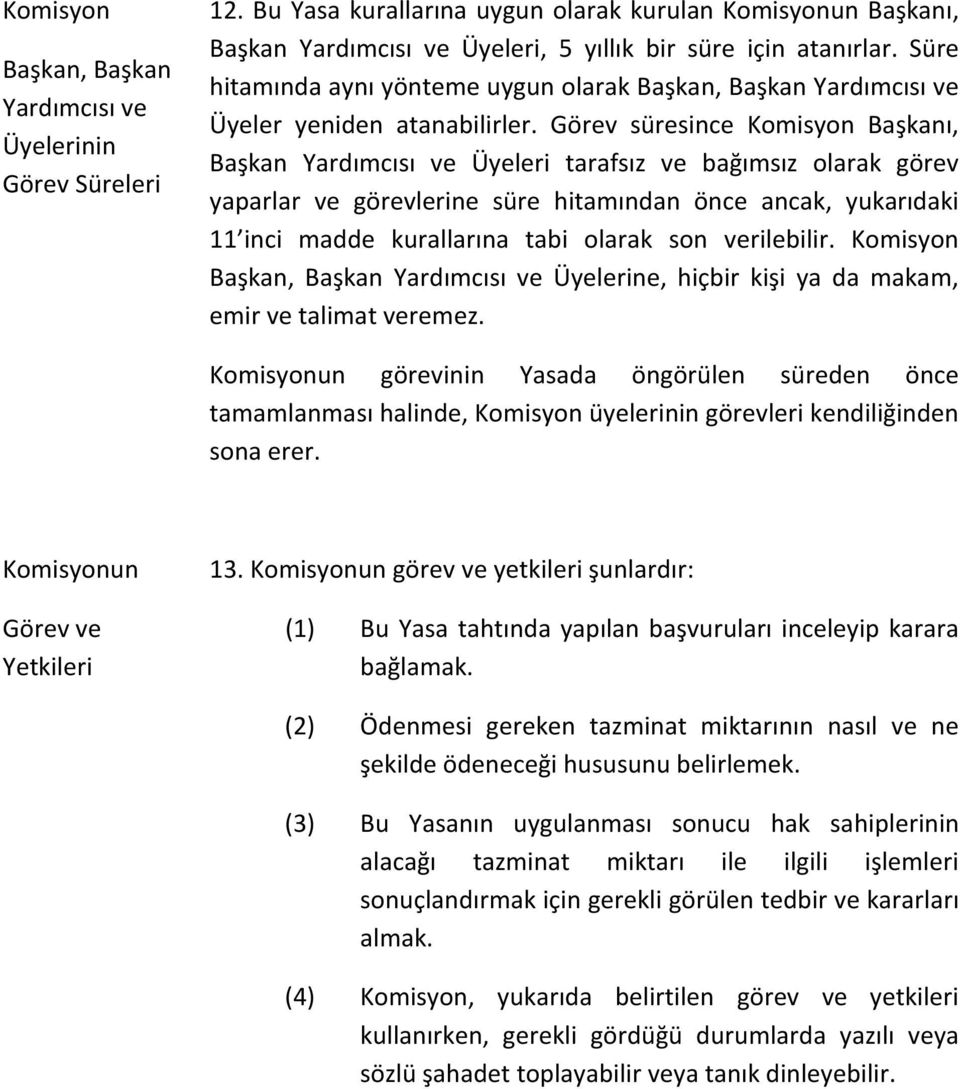 Görev süresince Komisyon Başkanı, Başkan Yardımcısı ve Üyeleri tarafsız ve bağımsız olarak görev yaparlar ve görevlerine süre hitamından önce ancak, yukarıdaki 11 inci madde kurallarına tabi olarak