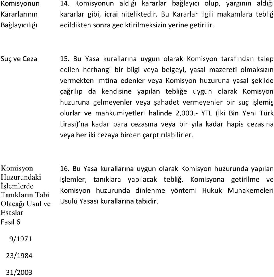 Bu Yasa kurallarına uygun olarak Komisyon tarafından talep edilen herhangi bir bilgi veya belgeyi, yasal mazereti olmaksızın vermekten imtina edenler veya Komisyon huzuruna yasal şekilde çağrılıp da