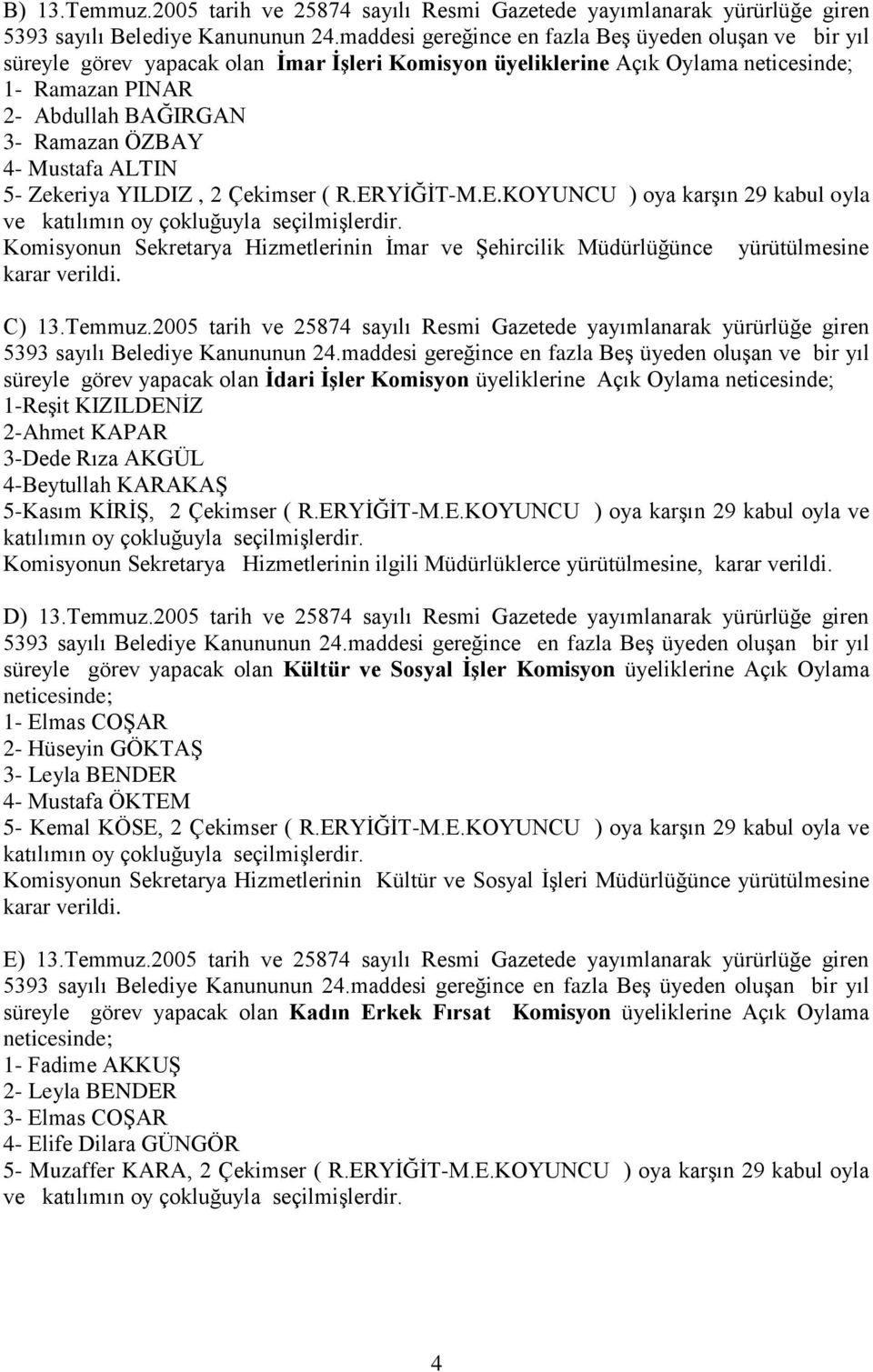 Mustafa ALTIN 5- Zekeriya YILDIZ, 2 Çekimser ( R.ERYİĞİT-M.E.KOYUNCU ) oya karşın 29 kabul oyla ve katılımın oy çokluğuyla seçilmişlerdir.