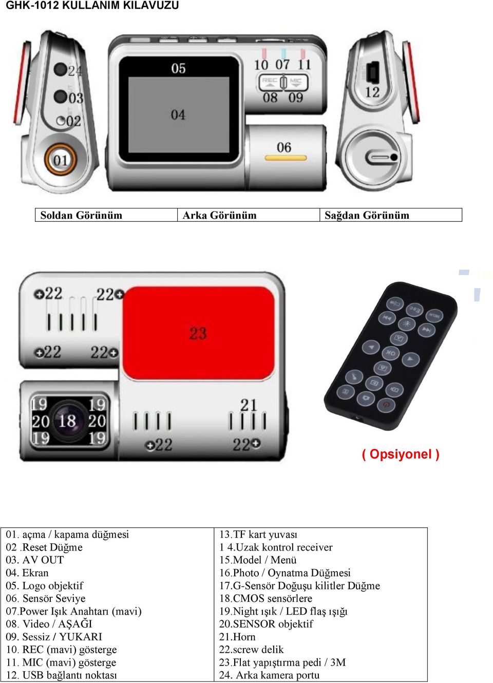 MIC (mavi) gösterge 12. USB bağlantı noktası 13.TF kart yuvası 1 4.Uzak kontrol receiver 15.Model / Menü 16.Photo / Oynatma Düğmesi 17.