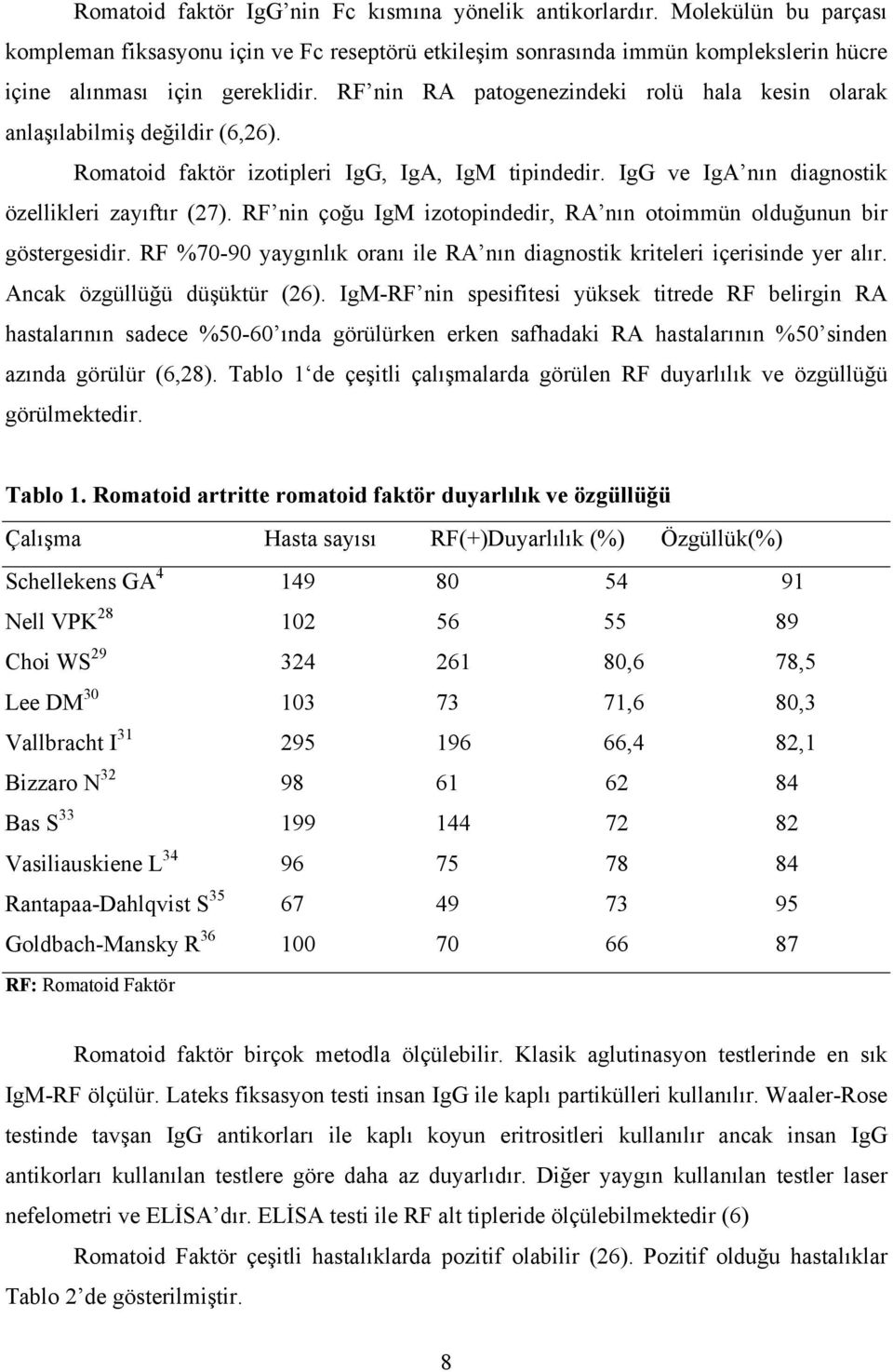 RF nin çoğu IgM izotopindedir, RA nın otoimmün olduğunun bir göstergesidir. RF %70-90 yaygınlık oranı ile RA nın diagnostik kriteleri içerisinde yer alır. Ancak özgüllüğü düşüktür (26).