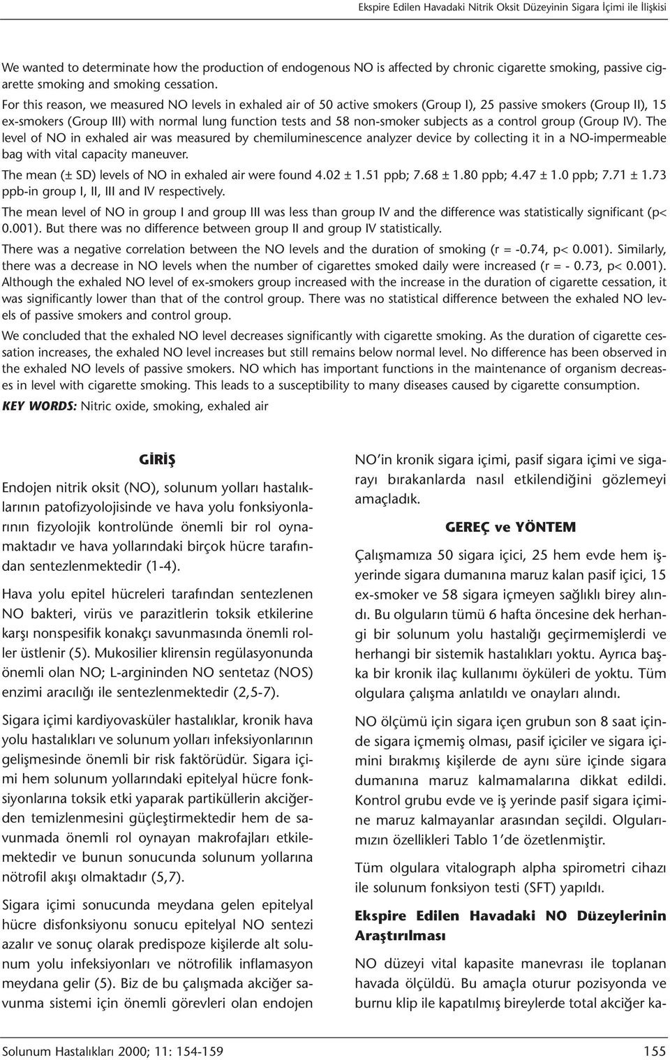 For this reason, we measured NO levels in exhaled air of 50 active smokers (Group I), 25 passive smokers (Group II), 15 ex-smokers (Group III) with normal lung function tests and 58 non-smoker