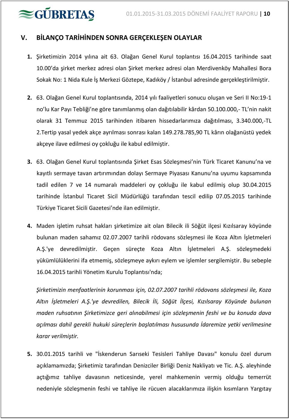 Olağan Genel Kurul toplantısında, 2014 yılı faaliyetleri sonucu oluşan ve Seri II No:19-1 no lu Kar Payı Tebliği ne göre tanımlanmış olan dağıtılabilir kârdan 50.100.