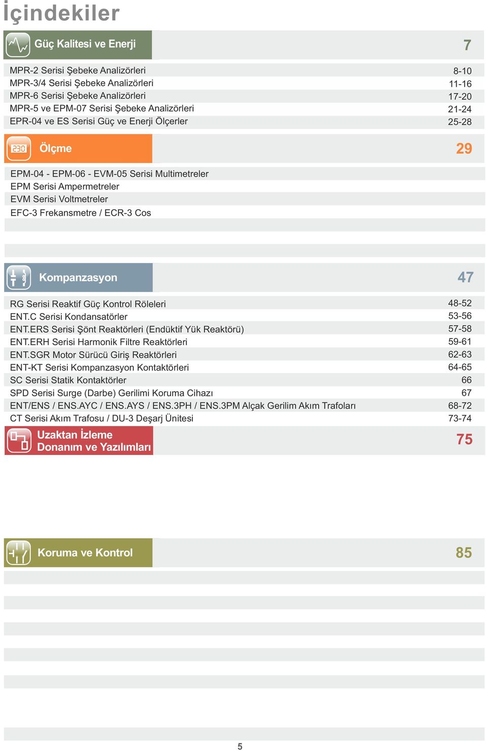 Voltmetre ompanzasyon RG Serisi Reatif Güç ontrol Röleleri ET.C Serisi ondansatörler ET.ERS Serisi Şönt Reatörleri (Endütif Yü Reatörü) ET.ERH Serisi Harmoni Filtre Reatörleri ET.