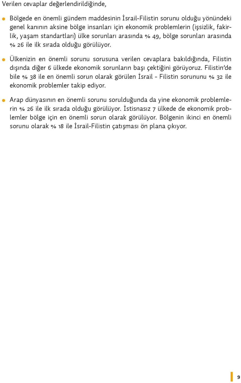 Ülkenizin en önemli sorunu sorusuna verilen cevaplara bakıldığında, Filistin dışında diğer 6 ülkede ekonomik sorunların başı çektiğini görüyoruz.