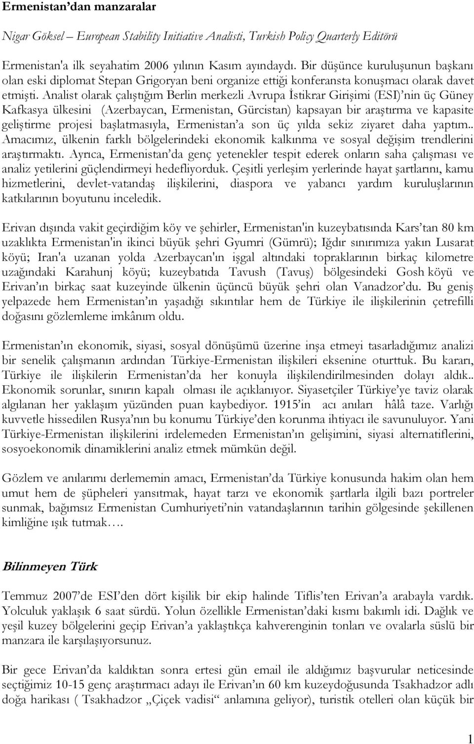 Analist olarak çalıştığım Berlin merkezli Avrupa İstikrar Girişimi (ESI) nin üç Güney Kafkasya ülkesini (Azerbaycan, Ermenistan, Gürcistan) kapsayan bir araştırma ve kapasite geliştirme projesi