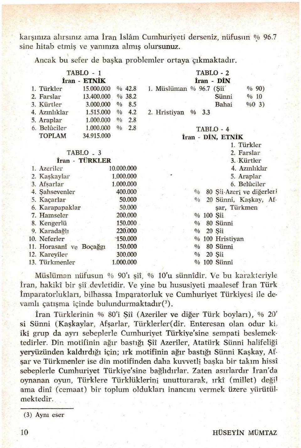 3 İran - TÜRKLER 1. Azeriler 10.000.000 2. Kaşkaylar 1.000.000 3. Af şarlar ; 1.000.000 4. Şahsevenler 400.000 5. Kaçarlar 50.000 6. Karapapaklar 50.000 7. Hamseler 200.000 8. Kengerlü 150.000 9.