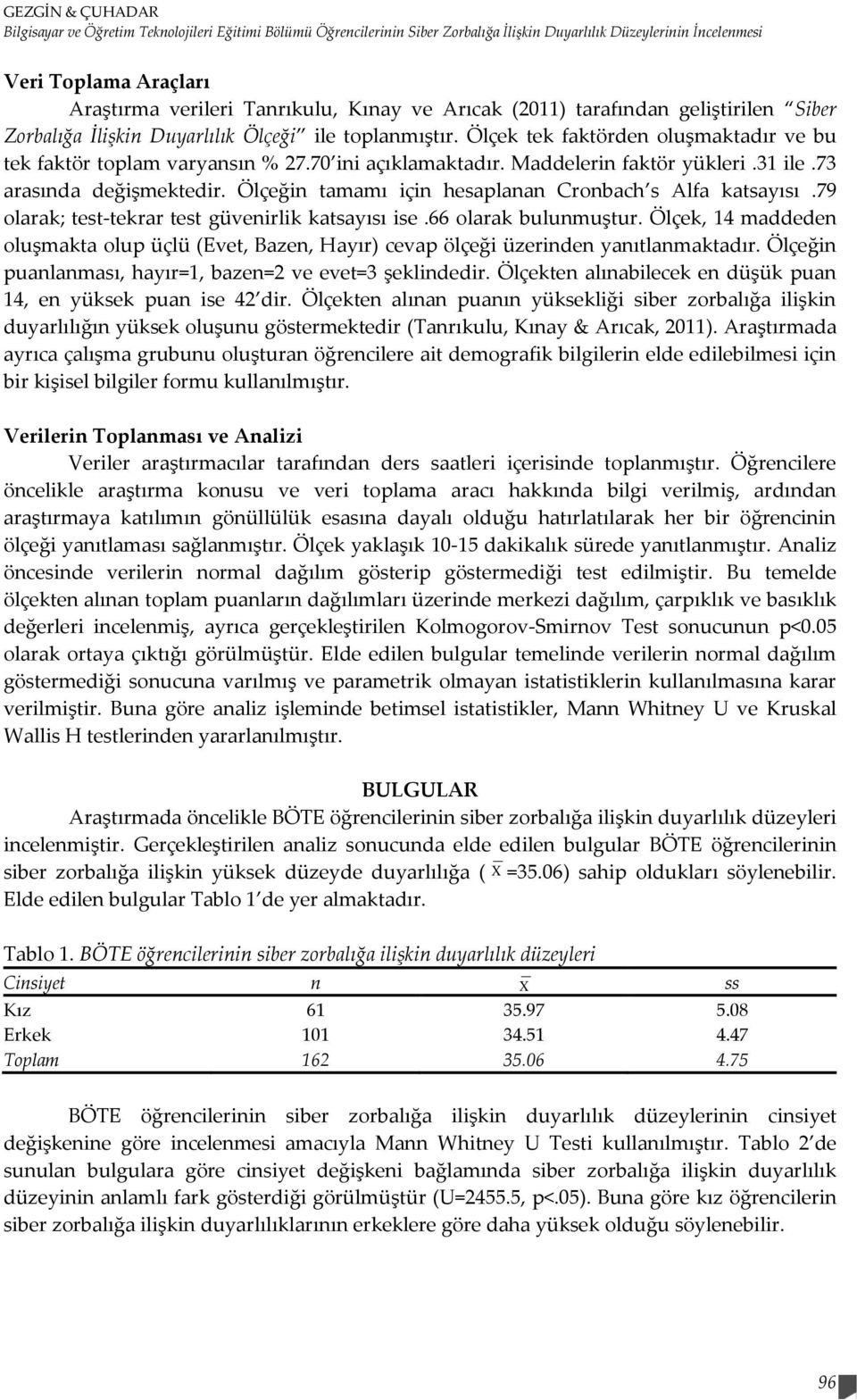 70 ini açıklamaktadır. Maddelerin faktör yükleri.31 ile.73 arasında değişmektedir. Ölçeğin tamamı için hesaplanan Cronbach s Alfa katsayısı.79 olarak; test-tekrar test güvenirlik katsayısı ise.