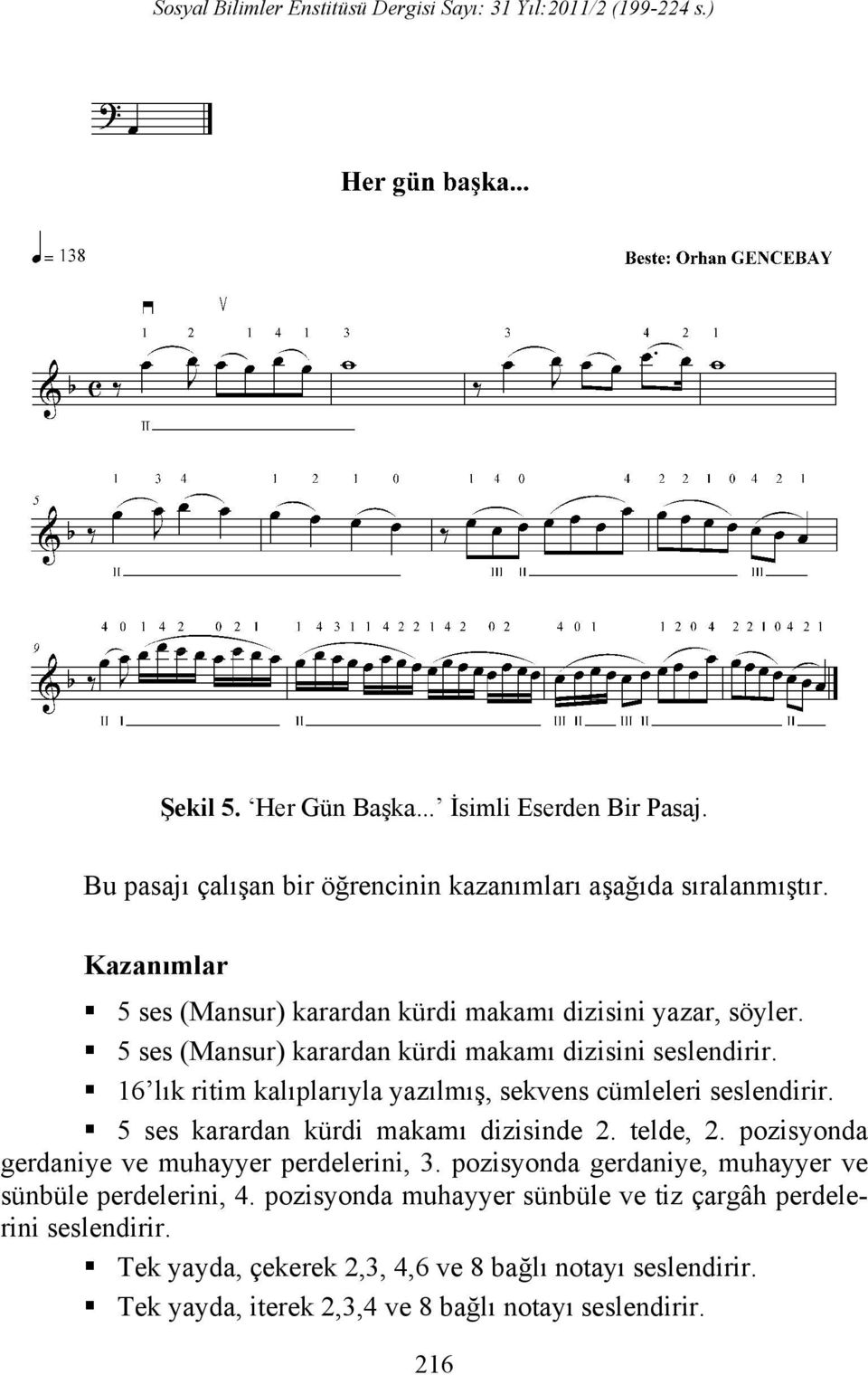 16 lık ritim kalıplarıyla yazılmış, sekvens cümleleri seslendirir. 5 ses karardan kürdi makamı dizisinde 2. telde, 2.