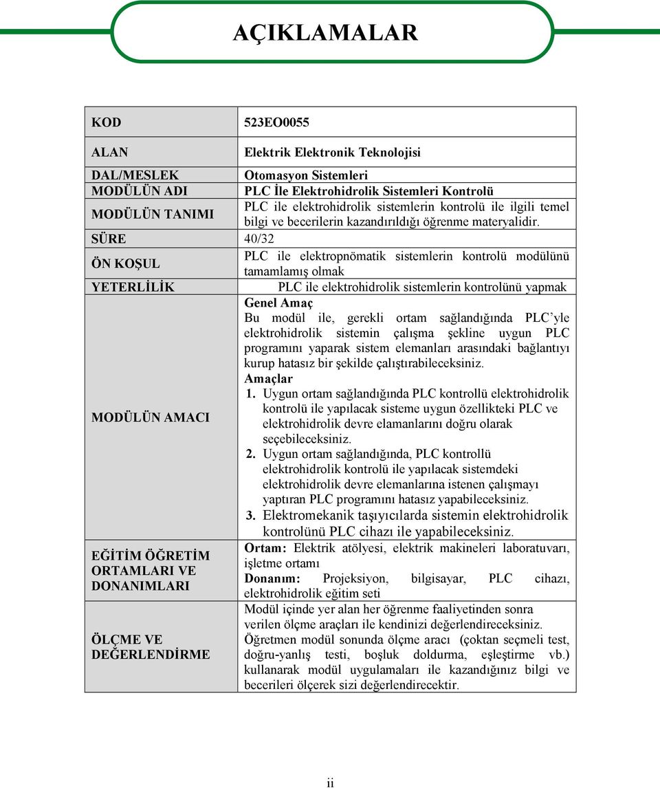 SÜRE 40/32 ÖN KOŞUL PLC ile elektropnömatik sistemlerin kontrolü modülünü tamamlamış olmak YETERLİLİK PLC ile elektrohidrolik sistemlerin kontrolünü yapmak Genel Amaç Bu modül ile, gerekli ortam