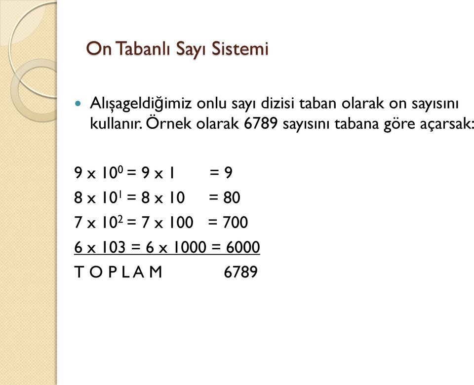 Örnek olarak 6789 sayısını tabana göre açarsak: 9 x 10 0 = 9 x