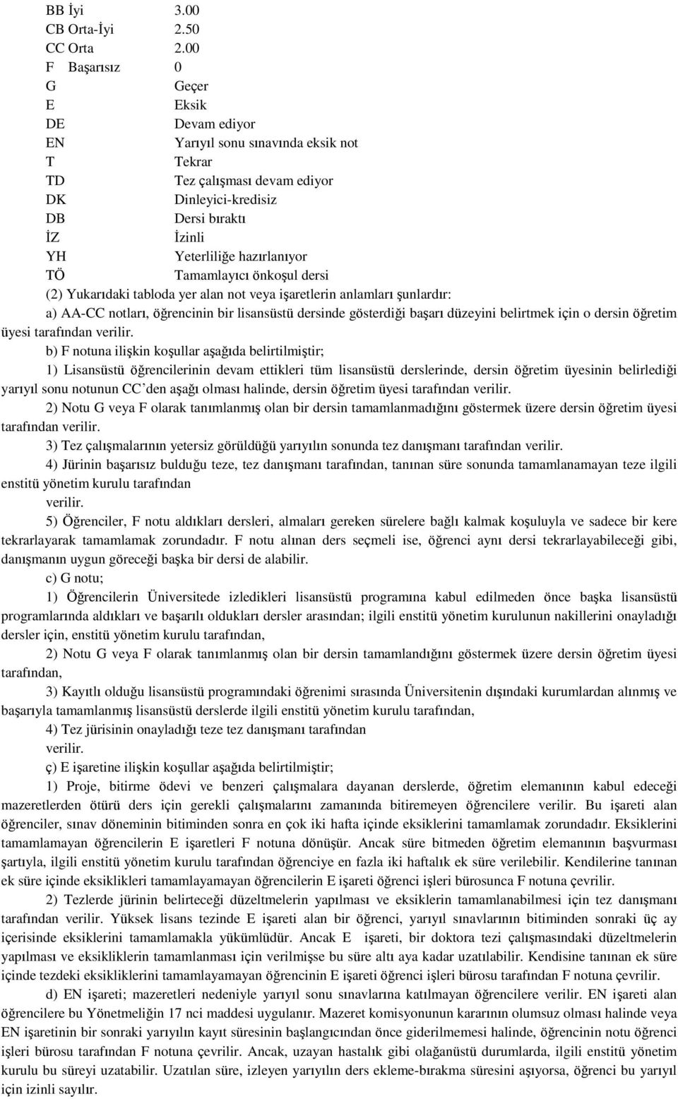 hazırlanıyor TÖ Tamamlayıcı önkoşul dersi (2) Yukarıdaki tabloda yer alan not veya işaretlerin anlamları şunlardır: a) AA-CC notları, öğrencinin bir lisansüstü dersinde gösterdiği başarı düzeyini