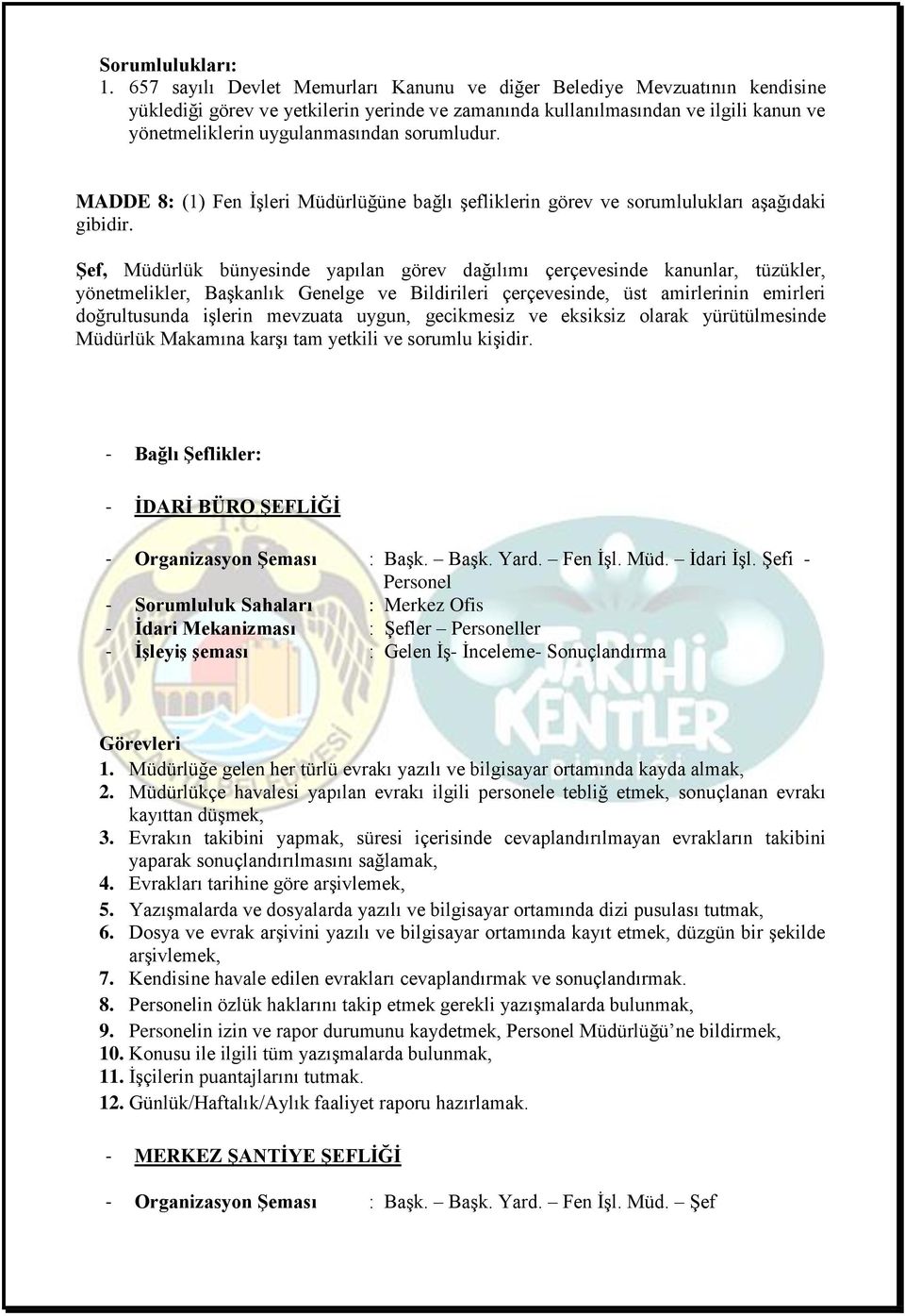 Şef, Müdürlük bünyesinde yapılan görev dağılımı çerçevesinde kanunlar, tüzükler, yönetmelikler, Başkanlık Genelge ve Bildirileri çerçevesinde, üst amirlerinin emirleri doğrultusunda işlerin mevzuata