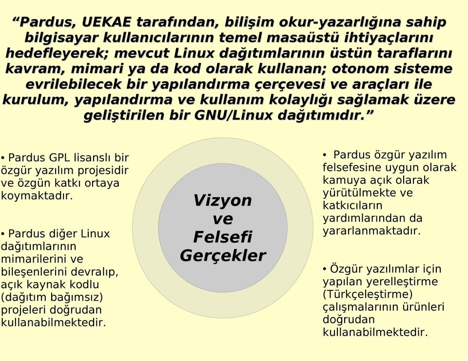 Pardus GPL lisanslı bir özgür yazılım projesidir ve özgün katkı ortaya koymaktadır.