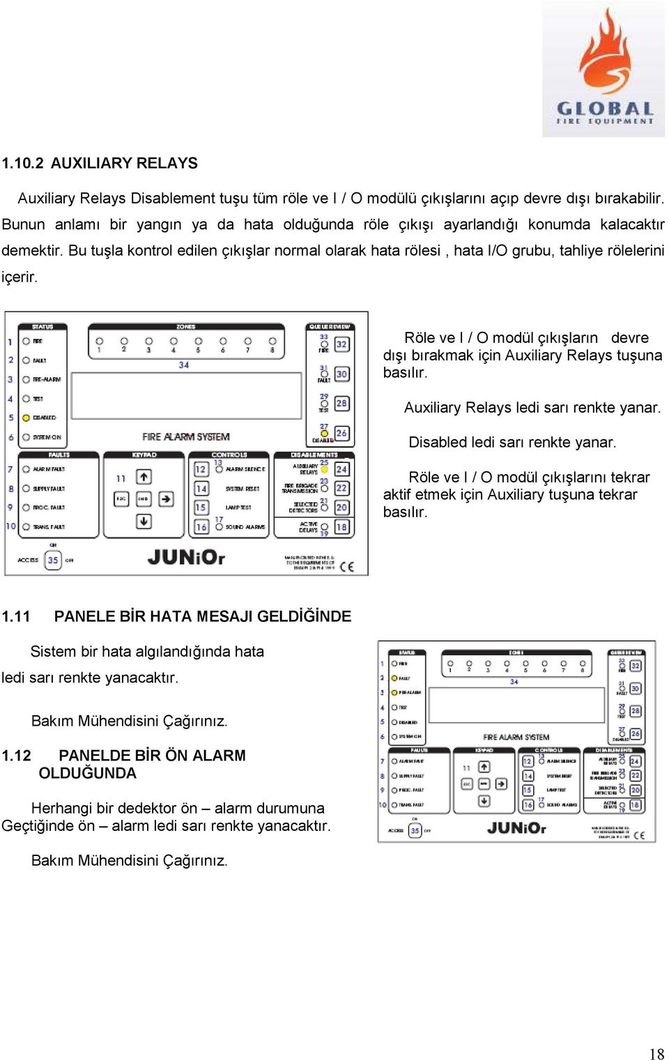 Röle ve I / O modül çıkışların devre dışı bırakmak için Auxiliary Relays tuşuna basılır. Auxiliary Relays ledi sarı renkte yanar. Disabled ledi sarı renkte yanar.